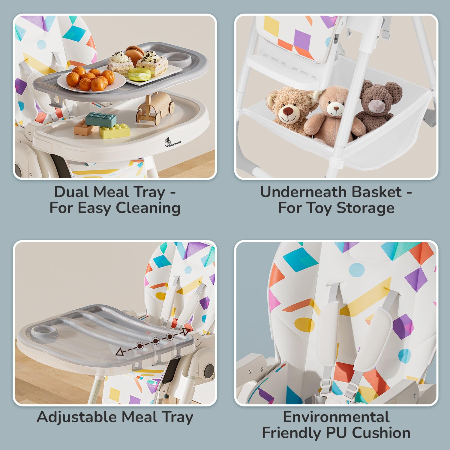 White and grey Marshmallow Lite baby high chair with 6 adjustable height levels, comfortable and secure for infant feeding, featuring a playful bear motif. www.usmile,toys